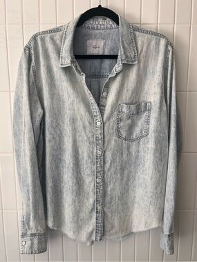 Rails Ingrid Raw Hem Denim Shirt Light Acid Wash Tencel Linen Button Down L